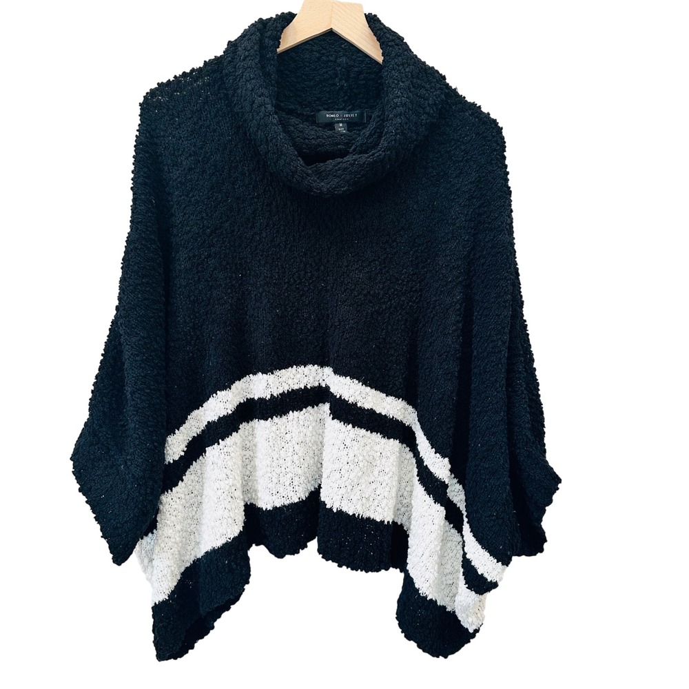 Romeo & Juliet Couture Black White Striped‎ Popcorn Knit Cowl Neck Poncho Soft M